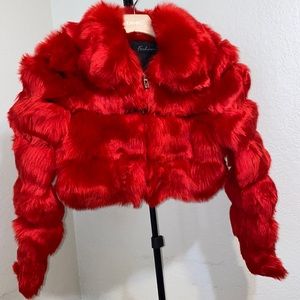Red faux fur coat